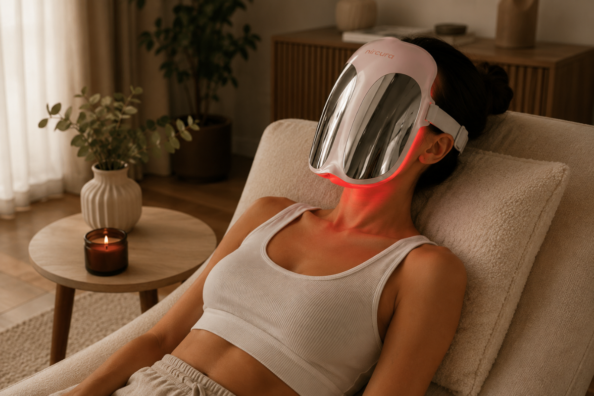 femeie purtand masca LED cu lumina rosie pentru stimularea colagenului